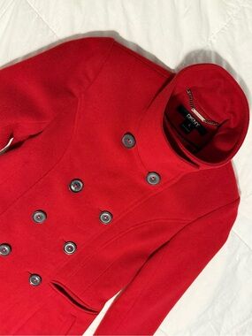 DKNY Red Double-Breasted Pea Coat